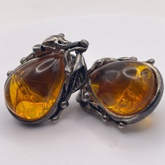 Vintage Brutalist Amber & Iridescent Aurora Borealis Resin Clip Earring Set 4pc