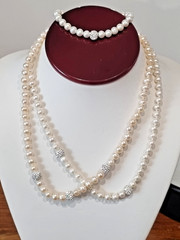 Vintage Sterling Silver Cultured Pearl Crystal Rondelle Necklaces Bonus Bracelet