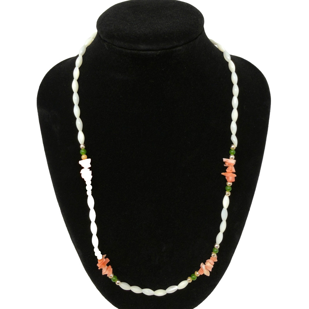 Vintage Beaded Necklace Shell Faux Pearl Orange Stone Chip Twist Clasp 18 Inch