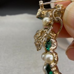Vintage Brooch Pendant Imitation Pearl Green Rhinestones 2.5 Inches