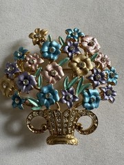 Vintage Gorgeous Enameled Flower Bouquet & Rhinestone Pot Brooch B2