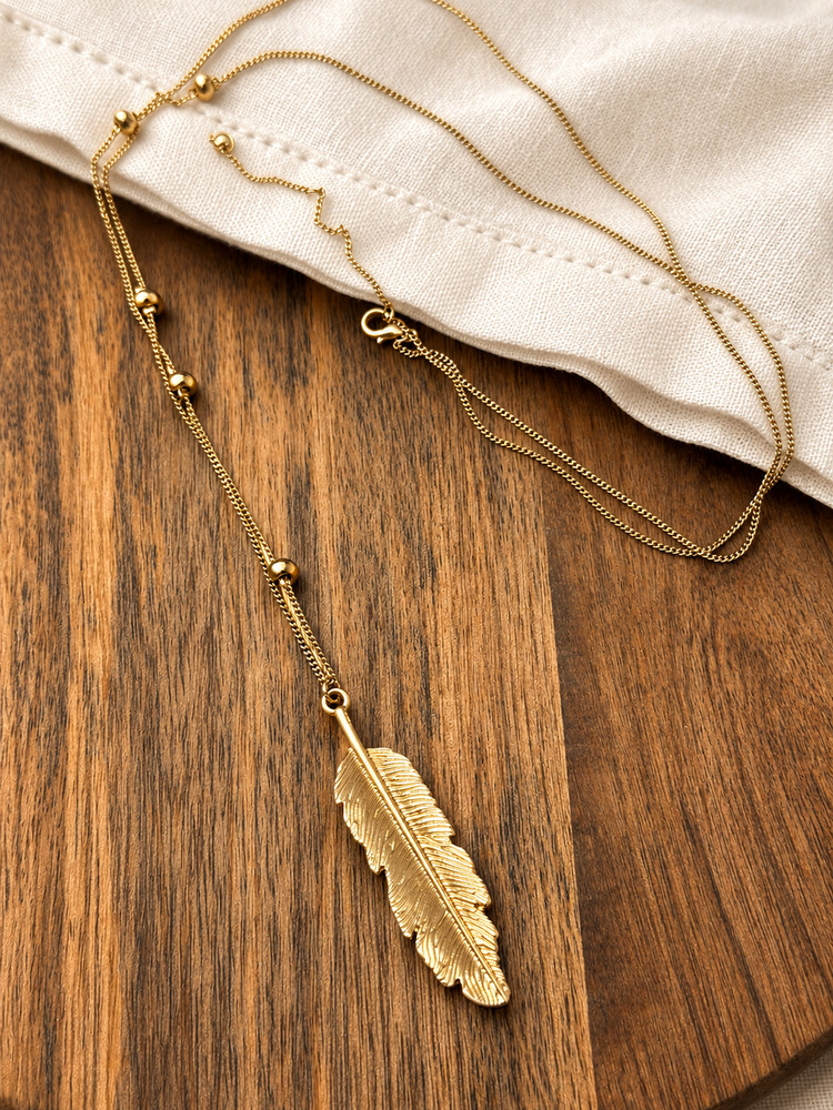 Vintage Gold Tone Feather Necklace Adjustable Chain Nature Boho Chic Statement