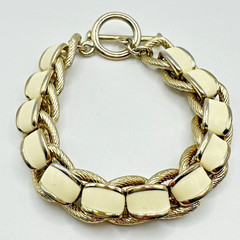 Vintage Gold Tone Cable Link Bracelet Cream Enamel Toggle Clasp Statement 6.75″