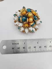 Vintage Jewlery Brooch Earring Set Clip On Gold Blue Beads Women Accessory