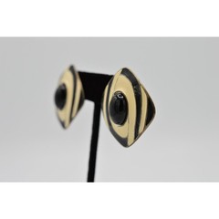 TAT Vintage Cabochon Earrings Black Off White Enamel Chunky Signed 1980s BnS