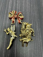 Vintage Gold Tone Brooch Lot Fairy Animals Red Bow Rhinestone Pins Costume