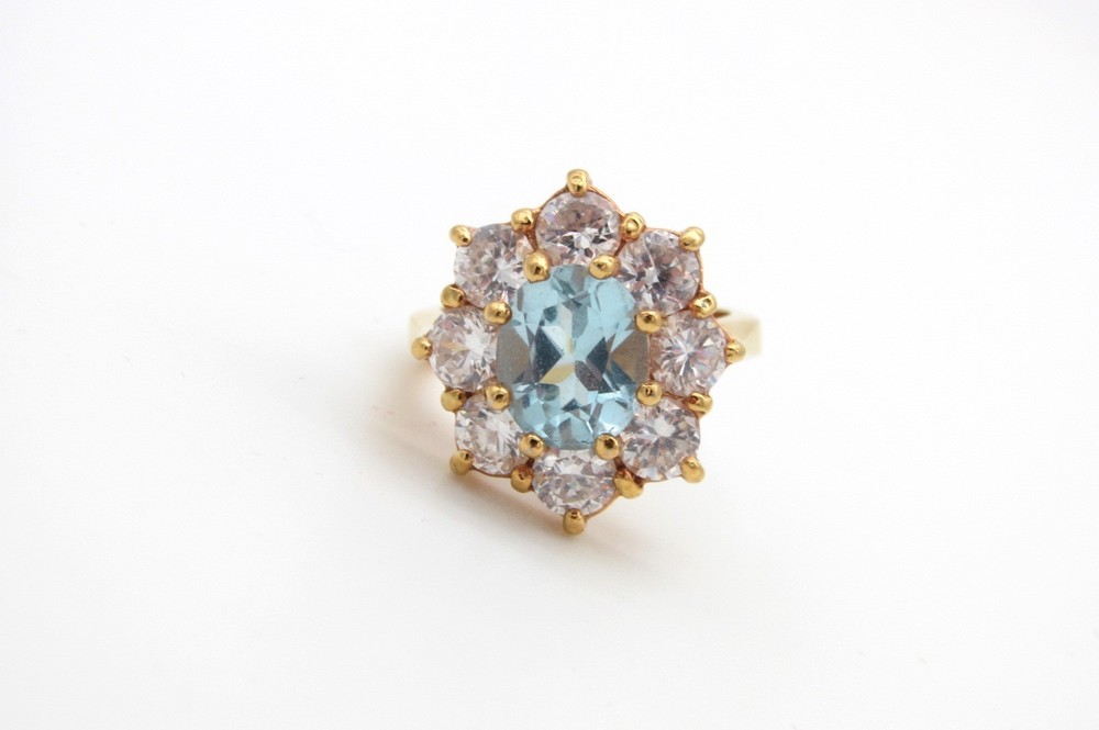 Vtg Signed CL Vermeil on Sterling Large Blue Topaz Ring w/Crystal Stones – Sz 8