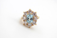Vtg Signed CL Vermeil on Sterling Large Blue Topaz Ring w/Crystal Stones – Sz 8