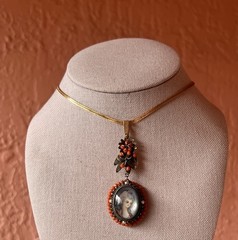 Antique Yellow Gold + Silver Coral Seed Pearls Hand Painted Portrait Pendant