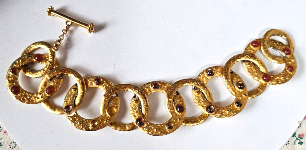 Vintage Signed MMA Gold-tone Cabochon Chain Bracelet 8.25”