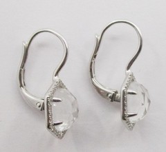 2.90Ctw Clear Hexagon Quartz 0.30Ctw Round Diamond Drop Earrings 14K White Gold