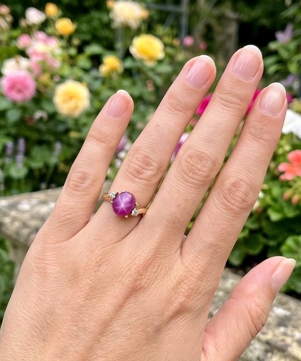 Vintage 14k Yellow Gold Lab Grown Star Sapphire Ruby Gemstone Diamond Ring 6.25