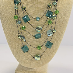 Necklace Green Blue Acrylic Glass Beads Black Wire Like Chain 11″ Faceted