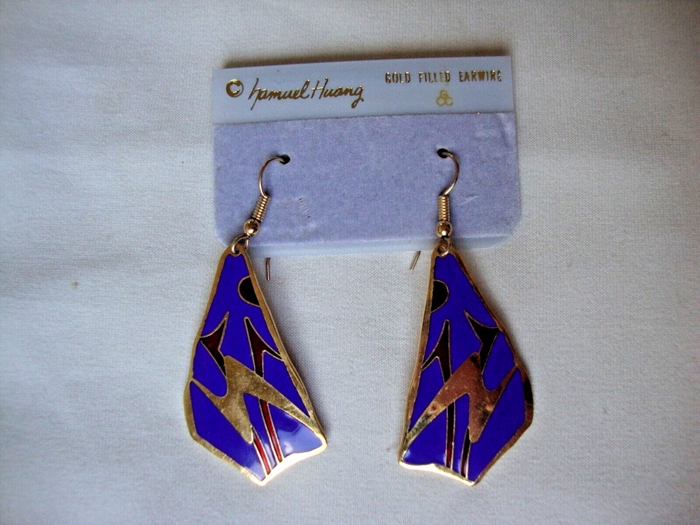 VINTAGE SAMUEL HUANG DESIGNER CLOISONNE RETRO ABSTRACT RED & BLUE DROP EARRINGS