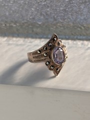 VTG SterlingSilver FAS Marcasite Amethyst Shield RingS6.5 February Birthstone