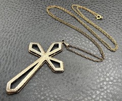HUGE Vermeil Sterling Silver Cross Pendant And Gold Filled Chain Necklace 28”