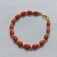 Natural Italy Red Coral Drum Beads Bracelet Brass Handmade CoralGemstone Jewelry