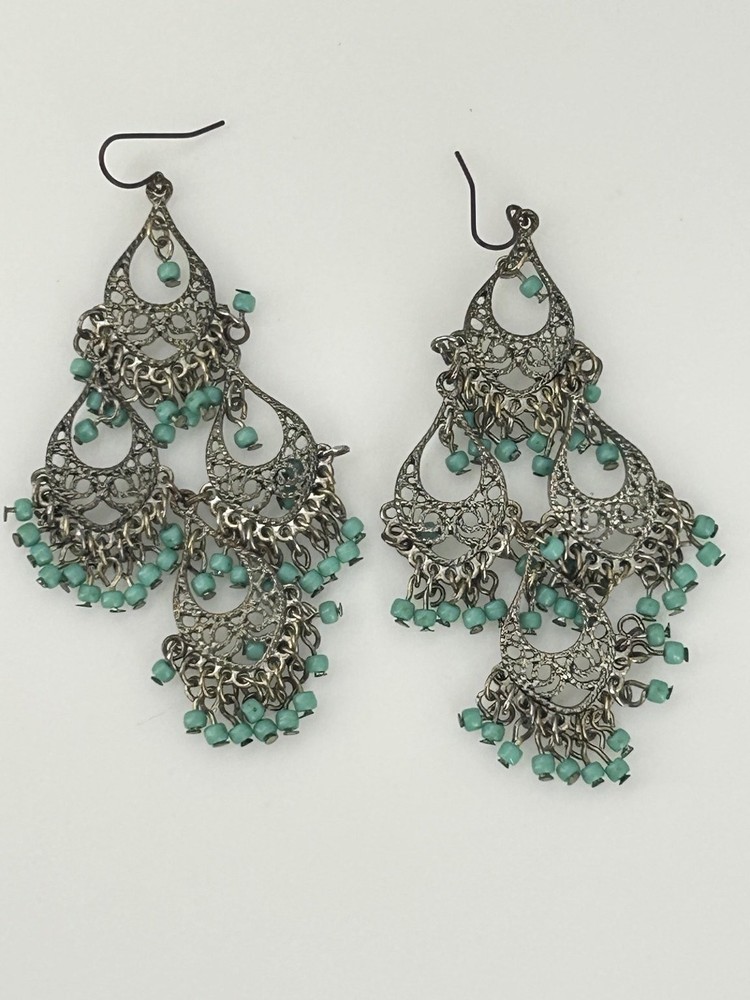 Vintage Filigree Chandelier Earrings Silver Tone Turquoise Beads 3.5in
