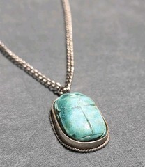Vintage Egyptian Revival Scarab Pendant Necklace Double Sided Hieroglyphic Blue