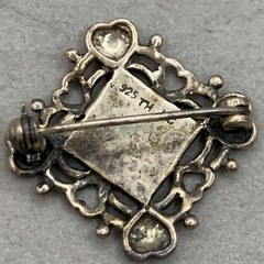 Vintage KC Sterling Silver Marcasite Hearts Boarder Diamond Shaped Brooch