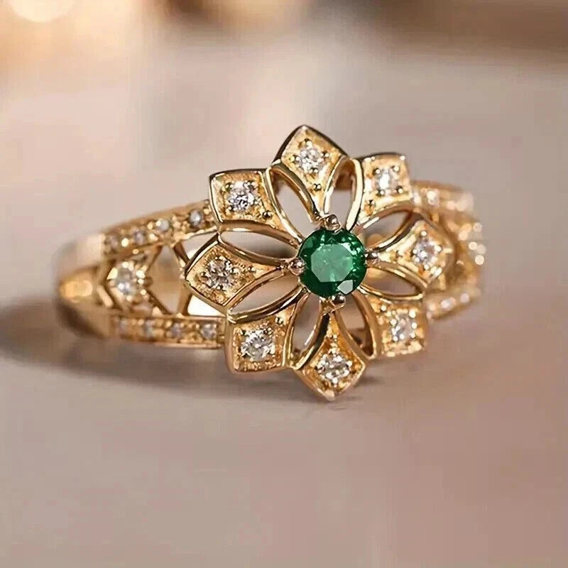 Art Deco Style Round Emerald Lab Created Diamond Engagement 14K Gold Finish Ring
