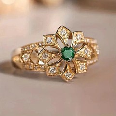 Art Deco Style Round Emerald Lab Created Diamond Engagement 14K Gold Finish Ring