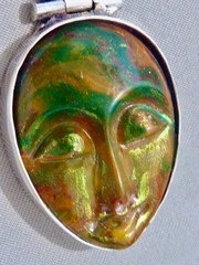 VINTAGE STERLING SILVER 925 RAINBOW LABRADORITE CARVED FACE PENDANT 1 3/4″