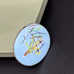 Vintage Enamel On Copper Blue Yellow Green Black White 2” Pin Brooch 3682