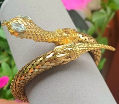 Vintage 70’s Goldtone Brass Mesh Coil Snake Bracelet Rhinestone eyes