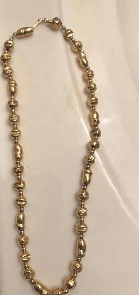 Vint.Textured Metal 2 Size Beads Necklace-Hung On Metal Chain, Push Release Open