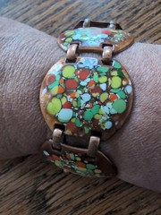 Vtg Unbranded Very Unique Copper & Enamel Link Bracelet~1.5″ Wide~7.5″ Long@~