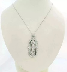 Art Deco Vintage Style Lab Created Diamond Emerald Engagement 925 Silver Pendant
