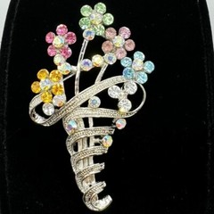 VTG Brooch Multicolor Rhinestones Flower Bouquet Silvertone Pin Unbranded