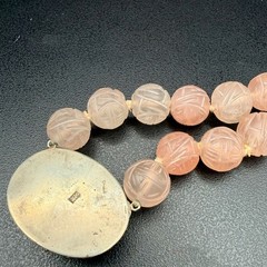 Chinese Export Blush Pink Carved Rose Quartz Necklace Floral Pendant 17 Inches