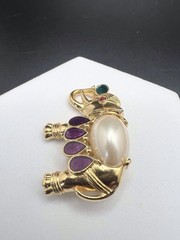 TRIFARI Gold Tone Vintage ELEPHANT Brooch Jewel Tone Enamel Faux Pearl