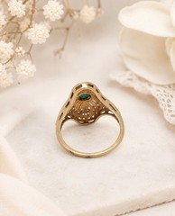 Vintage 10K Gold Emerald Shield Ring Art Deco Filigree Estate Size 5.25