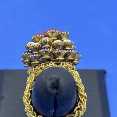 Vintage Red White Blue Rhinestone Stretch Ring Patriotic Flower Dome Gold Tone