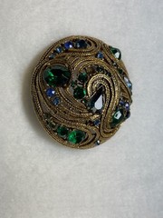 Vintage MCM LA ROCO Circular Green Blue Rhinestone Brooch Mid-century Modern