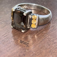 925 Sterling Silver Vintage Real Emerald-Cut Smoky Quartz & Citrine Ring Size 8