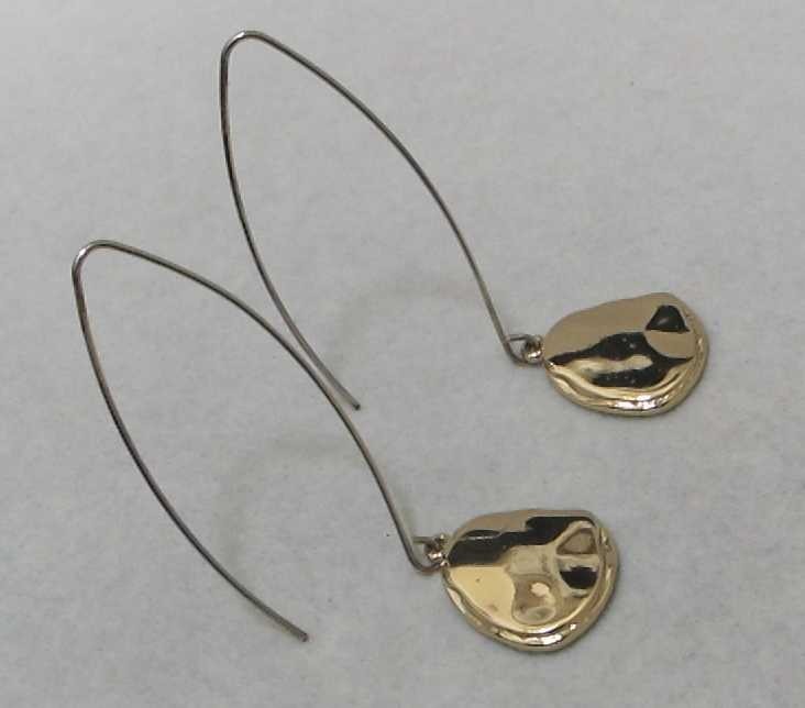 Gold Tone Long Wire Hammered Wide Teardrop Dangle Earrings 2-5/8”