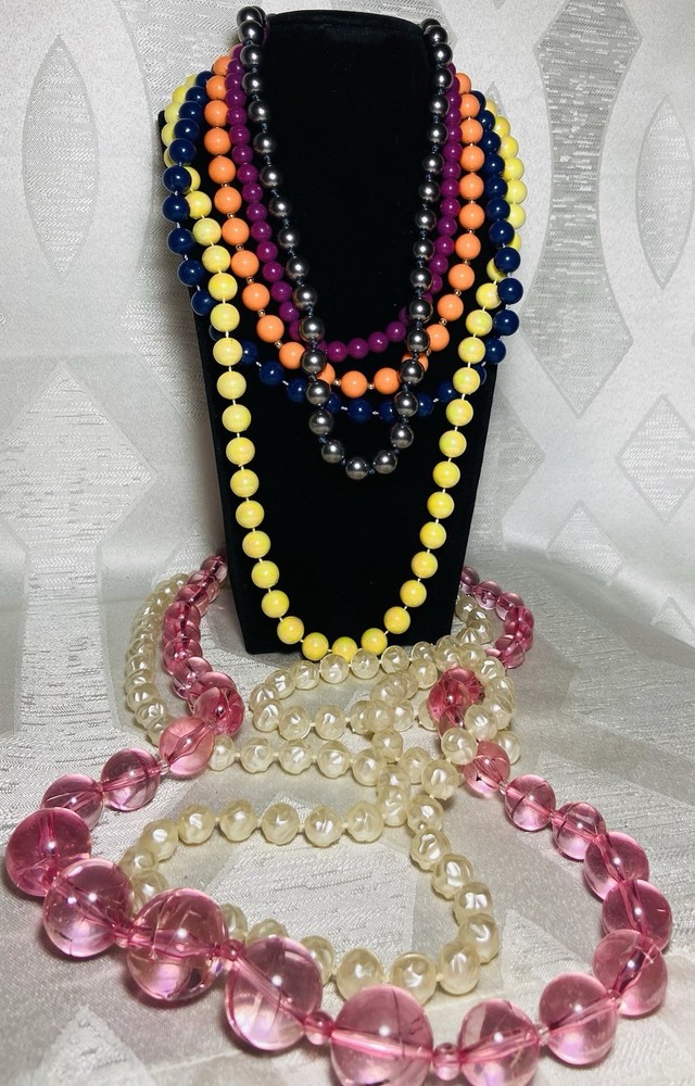 Lot Of 7 Vintage Beaded Necklaces Colorful Retro Lucite & More Statement Jewlery