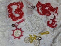 vintage lot of 8- 80s bell charms and necklaces calculator bike, anchor
