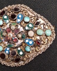Antique 1890’s Austro Hungarian Almandine Garnet, Enamel, Turquoise Pearl Brooch