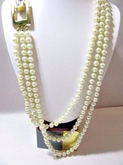 MULTI-STRAND DESIGNER STYLE LONG SIMULATED PEARL FANCY CLASP W CRYSTAL BUCKLE