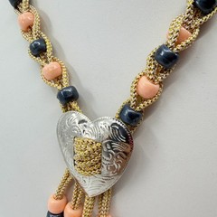 Boho Heart Bolo Necklace Gold Tone Woven Cord Peach Black Beads