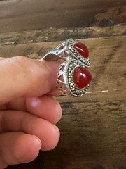 Marcasite Sterlling Silver Chunky Double Stone Garnet Ring Size 8