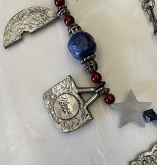Marcie Signed 27” Pewter Charm & Beads Necklace PATRIOTIC Angel Picnic Sunflower