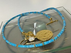 Mayamar (24K Gold Plate) Pearl & Charm Turquoise bead 21″ Necklace Yellow (NEW)
