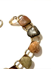 Vintage Semi Precious Stone Bracelet Polished Agate Gold Tone Links Statement 7″