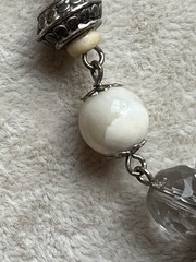Vintage Natural Gemstone Beige Wood Bead Necklace MOP Pendant 16”